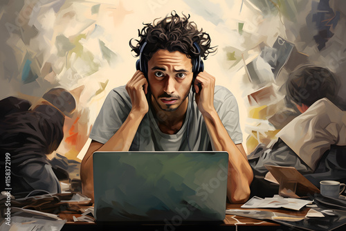 illustration of overwhelm and stressed people working on a laptop (generative AI)