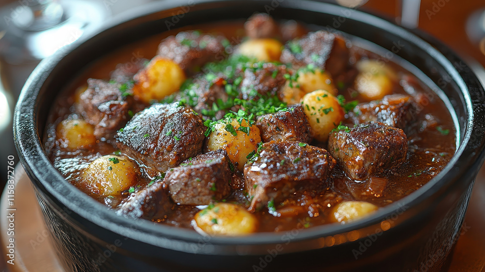 Beef or Lamb Stew in Cast Iron Dutch Oven, Warm & Savory Meal on Wooden Surface