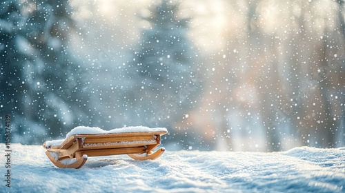 Wooden sled on a snowy hill with falling snowflakes. 