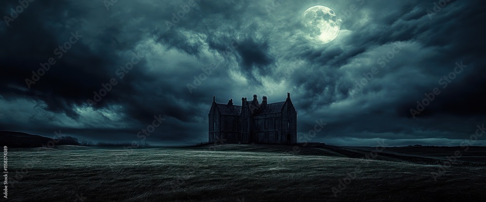 Dark, stormy night scene with a mysterious castle silhouetted against a full moon. Dark, stormy night scene with a mysterious castle silhouetted against a full moon.