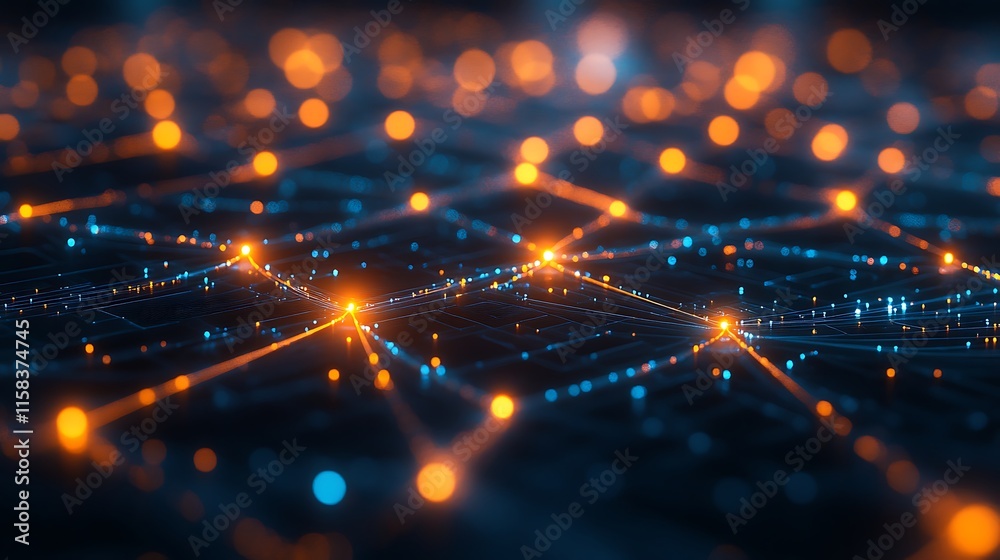 Obraz premium Data center with symmetrical rows of servers glowing in soft light