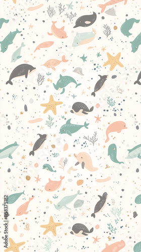 Wallpaper Mural Seamless Pattern of Adorable Marine Life with Whales, Dolphins, and Starfish Torontodigital.ca