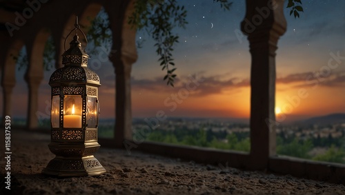 Wallpaper Mural sunset in the city . A decorative lantern sits on a stone ledge at dusk, with an orange sunset visible beyond an arched opening.  Torontodigital.ca