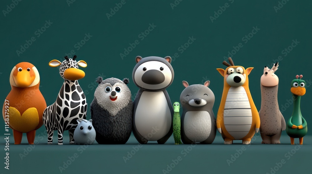 Obraz premium Adorable cartoon animals standing together on teal background.
