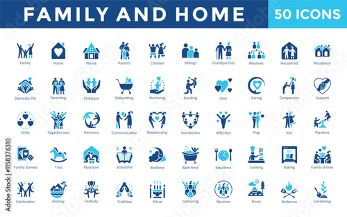 Family and Home icons set with family, home, house, parents, children, siblings, grandparents, relatives, household, residence icon. Simple flat vector 

