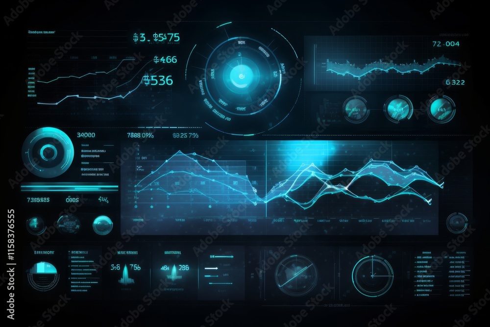 Fototapeta premium Futuristic HUD with glowing blue lines, graphs, and numbers. AI generative. .