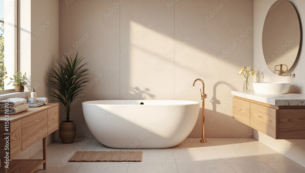 custom made wallpaper toronto digitalElegant bathroom retreat with modern free standing tub and natural light, photography of interior design concept.