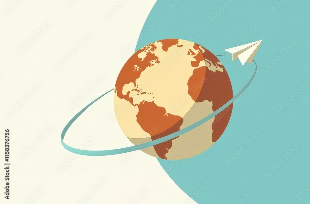 Planet Earth with brown continents and yellow oceans stands on a white and blue background in the center and a white paper airplane flies around, leaving a blue ribbon trail. Planet Earth with brown continents and yellow oceans stands on a white and blue background in the center and a white paper airplane flies around, leaving a blue ribbon trail.