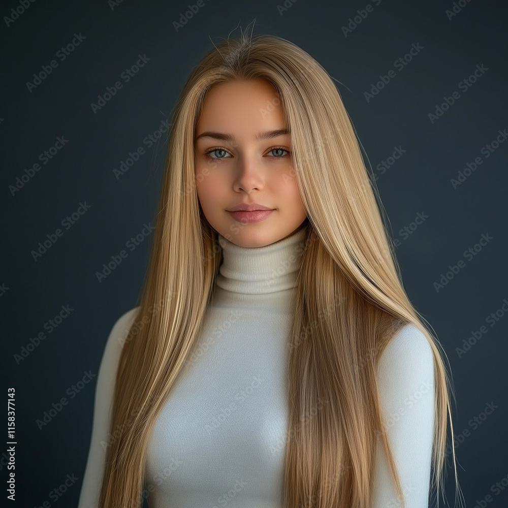 Naklejka premium Portrait of a young woman with long hair studio setting photography soft lighting close-up view beauty concept for visual impact
