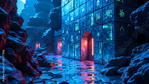 Mystical cavern with glowing ancient symbols and neon stone walls, 3d rendering of fantasy environment concept.