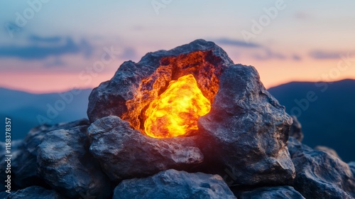 Glowing Ember Radiantly Burns Within Mountain Rocks at Sunset: Wide Shot Photo. AI Generated