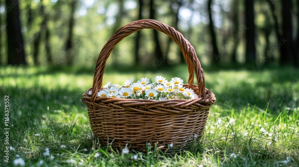 Wicker basket filled with daisies sits in a sunny forest clearing. Wicker basket filled with daisies sits in a sunny forest clearing.