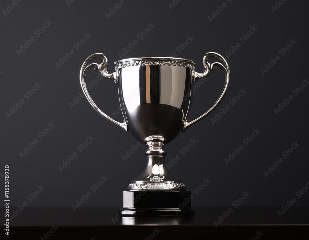 A silver trophy with two handles and a base, set against a dark background. A silver trophy with two handles and a base, set against a dark background.