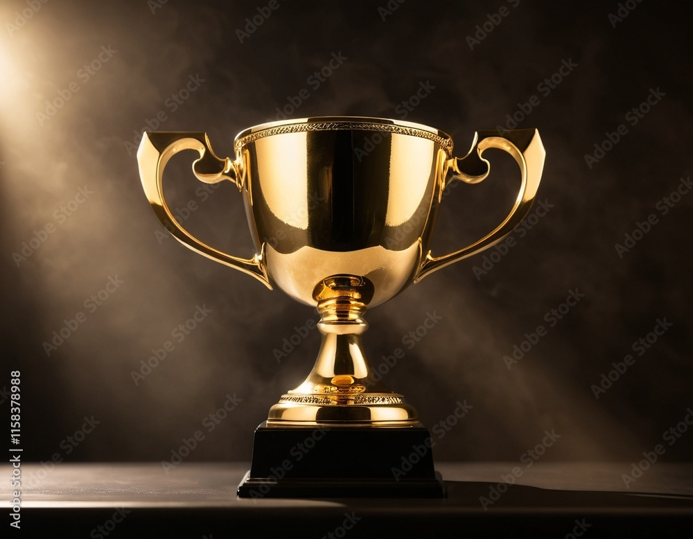 A golden trophy with two handles stands on a black base, illuminated by a spotlight against a dark background. A golden trophy with two handles stands on a black base, illuminated by a spotlight against a dark background.