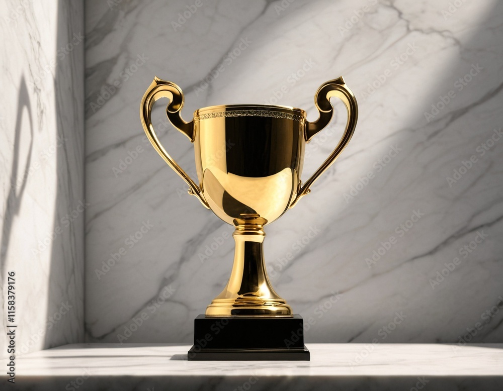 A golden trophy with two handles stands on a black base, placed on a marble surface against a marble wall. A golden trophy with two handles stands on a black base, placed on a marble surface against a marble wall.