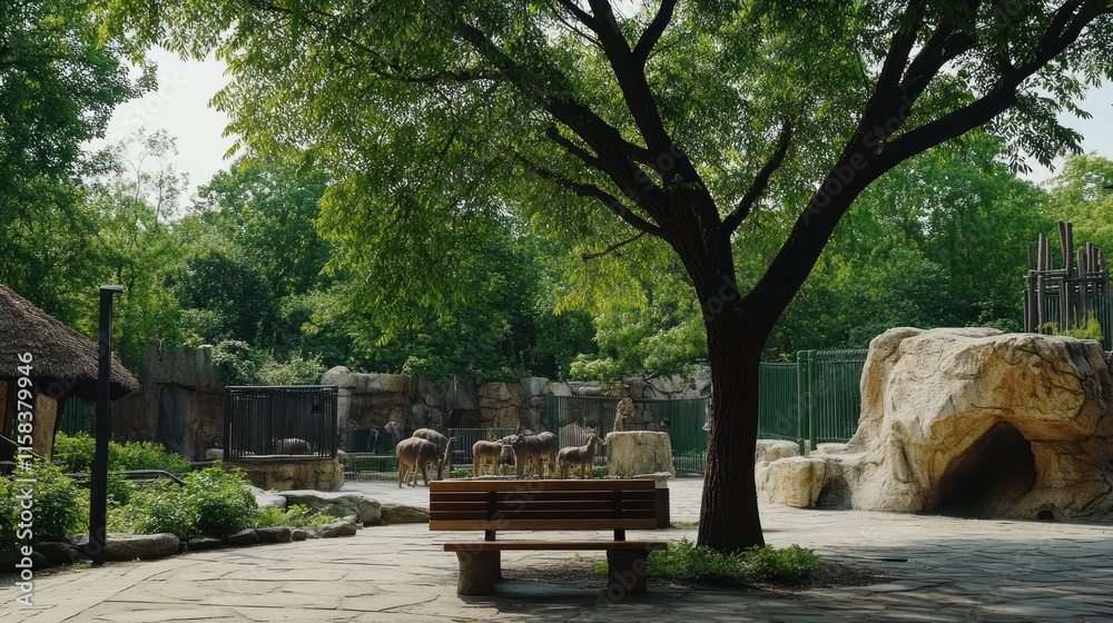 Serene park bench under tree shade, overlooking zoo animals. Serene park bench under tree shade, overlooking zoo animals.