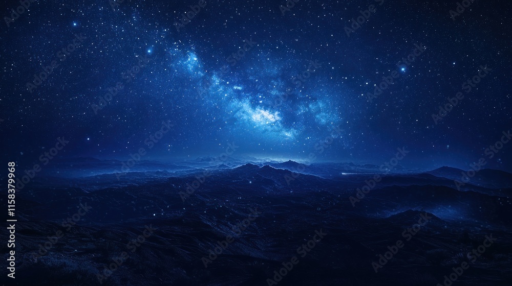Fototapeta premium A serene night sky filled with stars and a distant galaxy over a dark mountainous landscape.