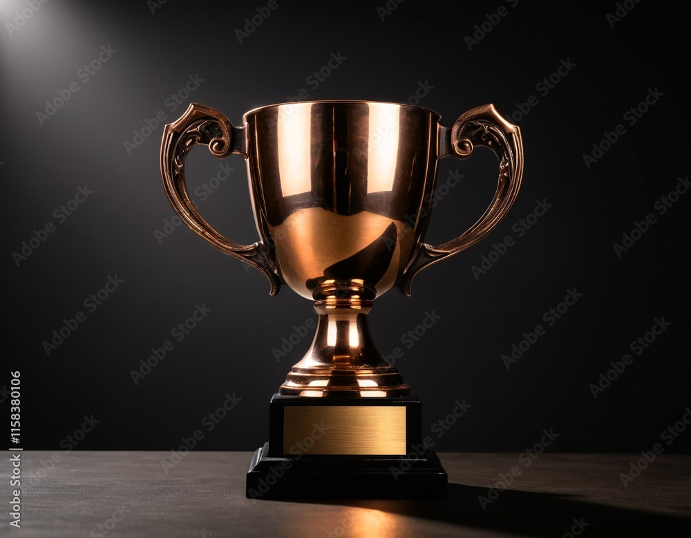 A golden trophy with a black base and gold plaque stands on a dark surface, illuminated by a spotlight. A golden trophy with a black base and gold plaque stands on a dark surface, illuminated by a spotlight.