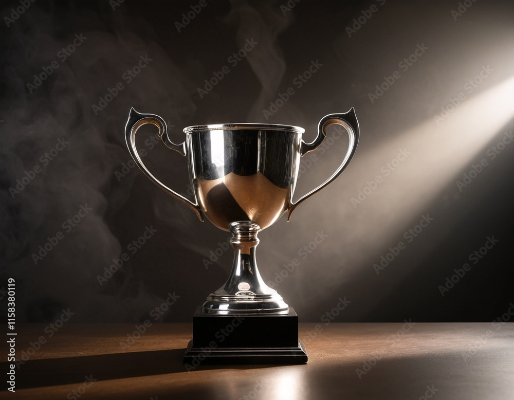 A silver trophy with two handles sits on a wooden base, illuminated by a spotlight against a dark background. A silver trophy with two handles sits on a wooden base, illuminated by a spotlight against a dark background.