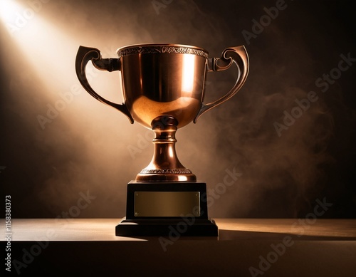 A golden trophy with a plaque sits on a wooden surface, illuminated by a spotlight against a dark background. photo