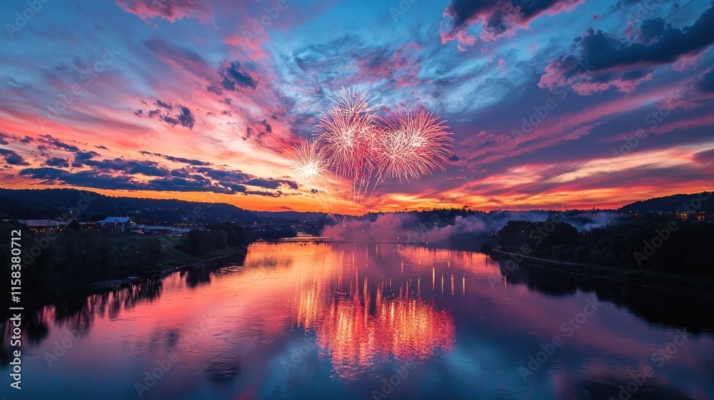 Naklejka premium A vibrant sunset with fireworks reflected in a serene river.