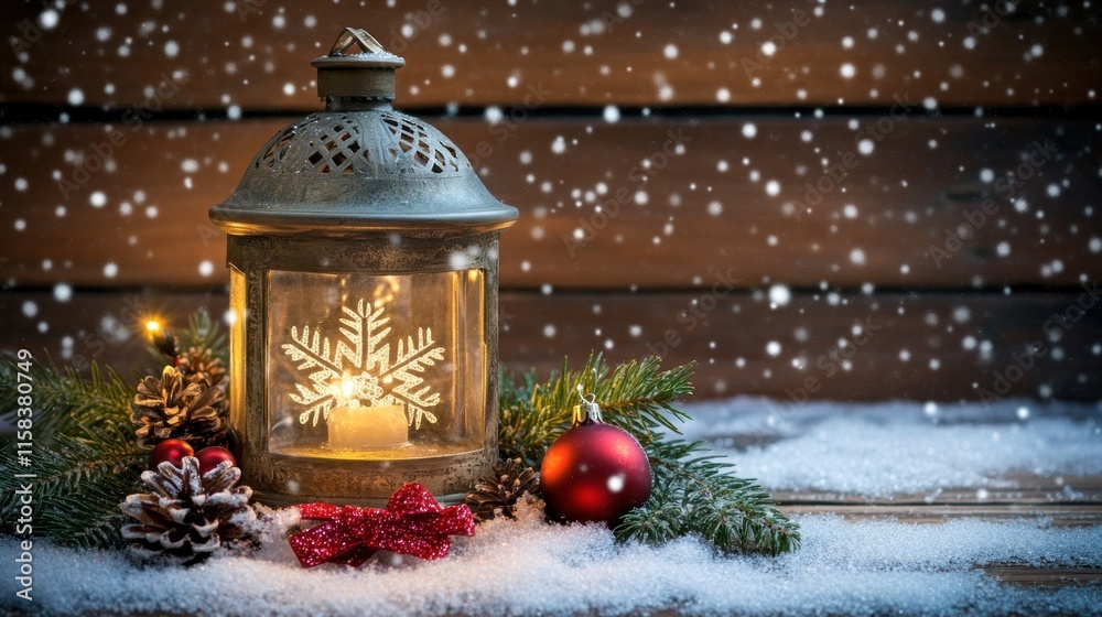 Festive Christmas lantern with snow, pine cones, and ornaments on wooden background. Festive Christmas lantern with snow, pine cones, and ornaments on wooden background.