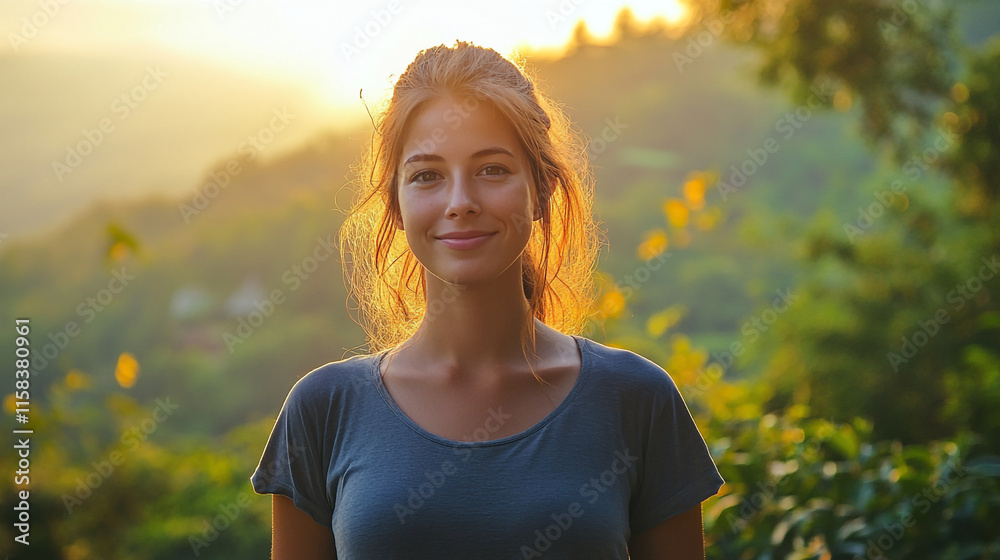 Young woman smiling in sunlight with lush greenery in the background at sunset. Young woman smiling in sunlight with lush greenery in the background at sunset.