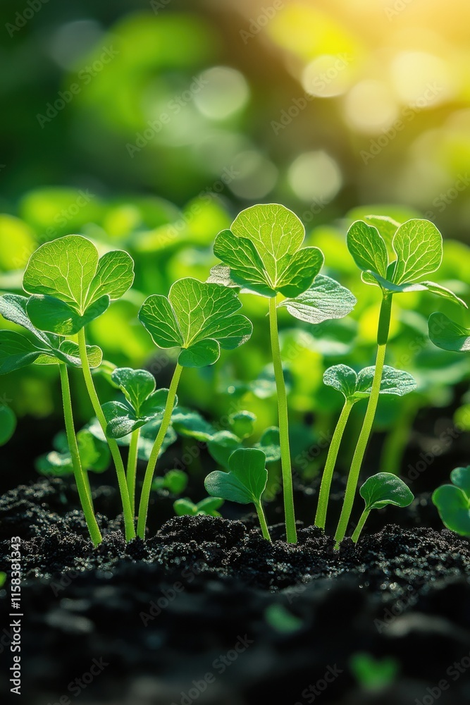 Sunlit green seedlings growing in fertile soil Sunlit green seedlings growing in fertile soil
