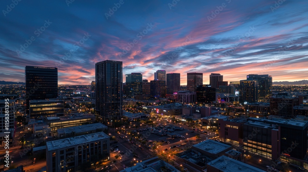 Fototapeta premium Vibrant city skyline at sunset with colorful clouds and illuminated buildings.