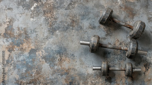 Fitness or bodybuilding concept background. Product photograph of old iron dumbbells on grey, conrete floor in the gym. Photograph taken from above, top view with lots of copy space photo