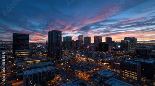 Wallpaper Mural Vibrant city skyline at sunset with colorful clouds and illuminated buildings. Torontodigital.ca