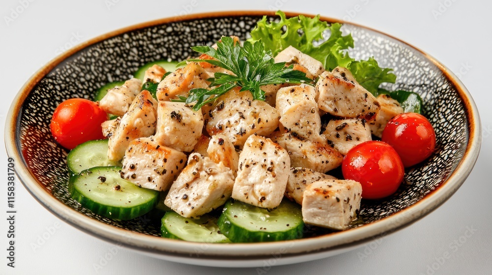 A bowl of grilled chicken with vegetables, garnished for a healthy meal.