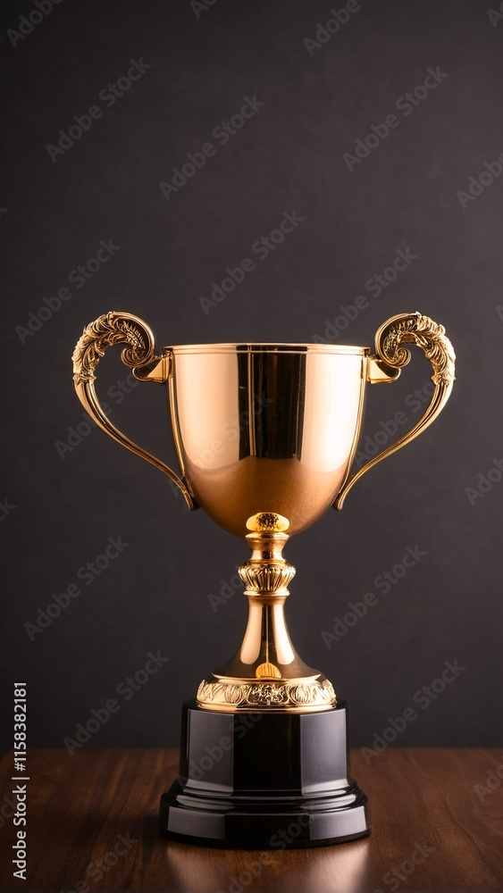 A golden trophy with two handles and a black base is displayed on a wooden table against a dark background. A golden trophy with two handles and a black base is displayed on a wooden table against a dark background.