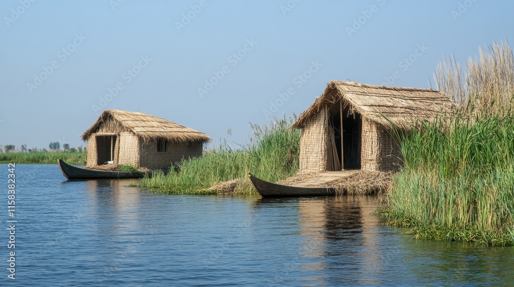 Reed Huts on a Serene Waterway Reed Huts on a Serene Waterway