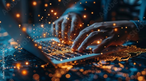 Close-up of hands typing on laptop with bright glowing lights and network connections surrounding them. AI generative. .