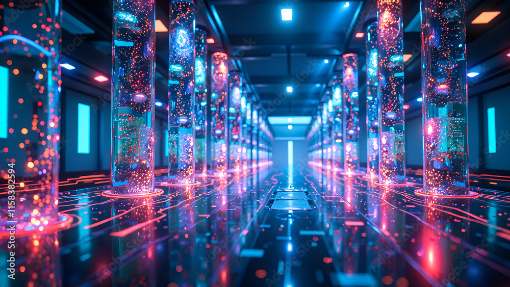 A futuristic hall of light and energy featuring glass columns in a vibrant cybernetic realm, digital rendering of futuristic environment concept. A futuristic hall of light and energy featuring glass columns in a vibrant cybernetic realm, digital rendering of futuristic environment concept.