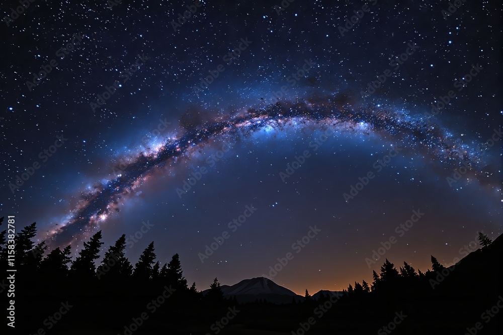 A vibrant Milky Way galaxy spans across the night sky, silhouetted by dense forest trees and glowing horizon. Nighttime, astrophotography, cosmic beauty. Ai generative A vibrant Milky Way galaxy spans across the night sky, silhouetted by dense forest trees and glowing horizon. Nighttime, astrophotography, cosmic beauty. Ai generative