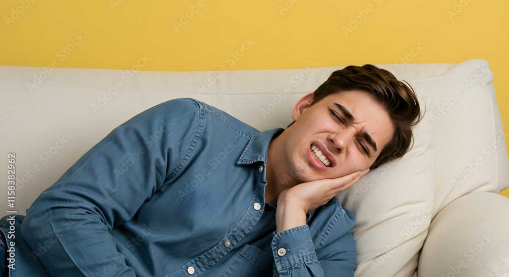 A young man grimaces in pain while holding his jaw, indicating possible dental discomfort. A young man grimaces in pain while holding his jaw, indicating possible dental discomfort.