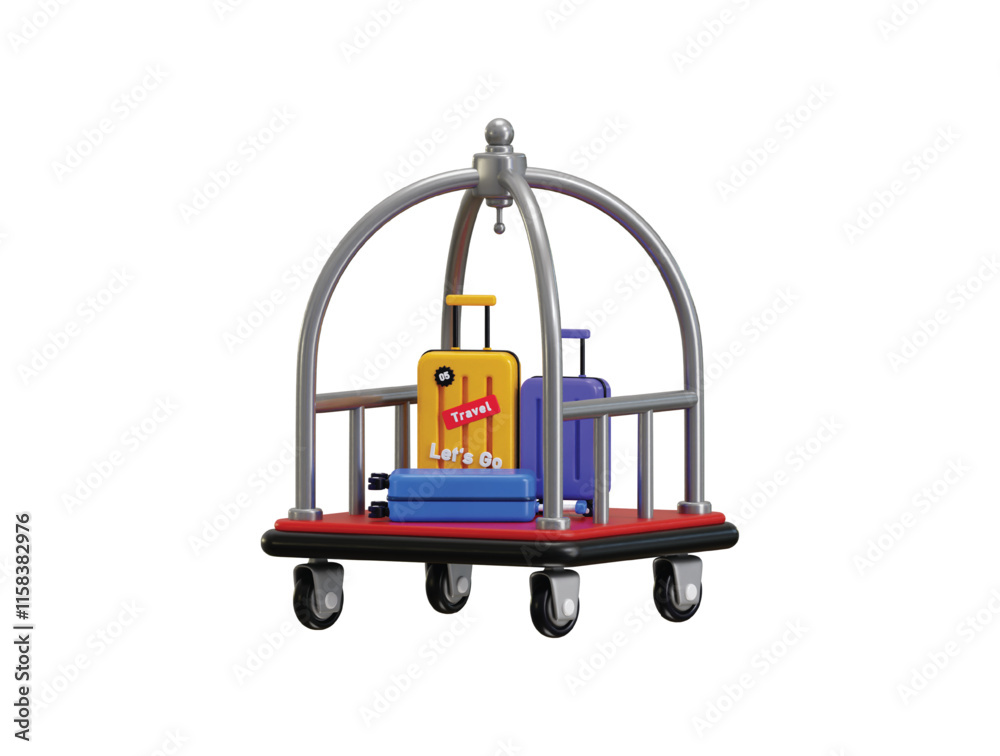 Luggage Trolley Cart icon with suitcase 3d render concept of Hotel reception and room service banner, Hotel booking icon Luggage Trolley Cart icon with suitcase 3d render concept of Hotel reception and room service banner, Hotel booking icon