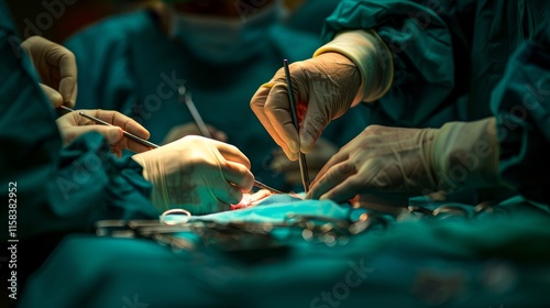 An in-depth view of a cardiac surgery in progress by a team of surgeons in uniform, AI Generative