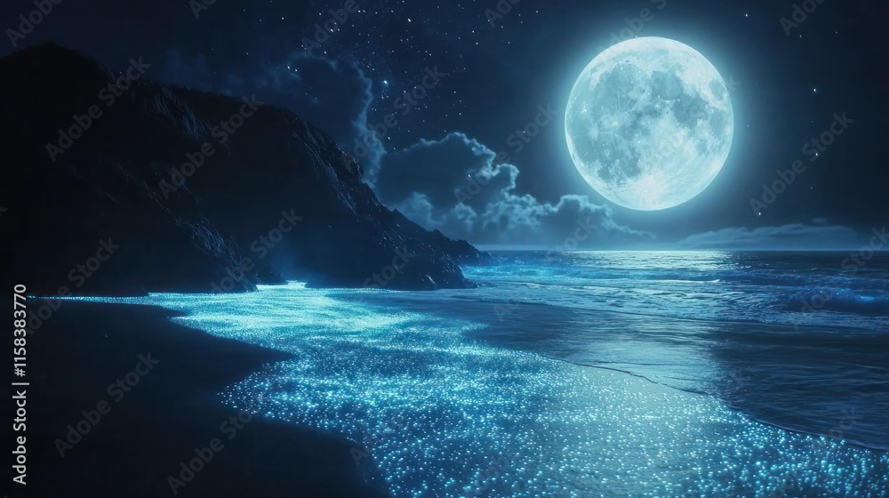 A serene night scene with a glowing ocean under a bright full moon.