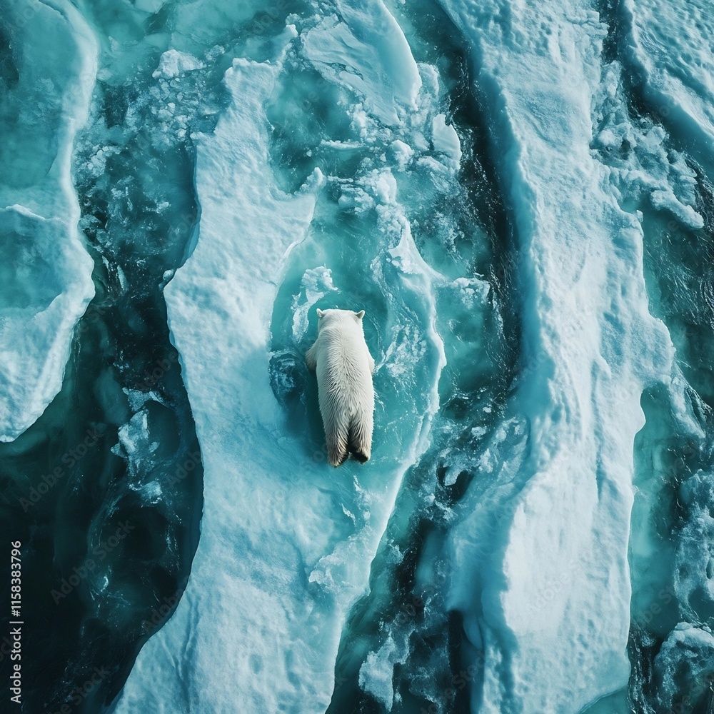 Fototapeta premium Solitary Polar Bear Amid Frozen Ice and Snow Landscape