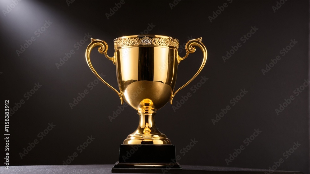 A golden trophy with two handles and a small emblem on the front is displayed on a black surface against a dark background. A golden trophy with two handles and a small emblem on the front is displayed on a black surface against a dark background.