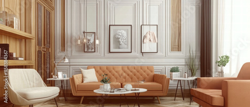 Wallpaper Mural stylish living room featuring orange sofa, modern decor, and elegant wall art. space is bright and inviting, perfect for relaxation and socializing Torontodigital.ca