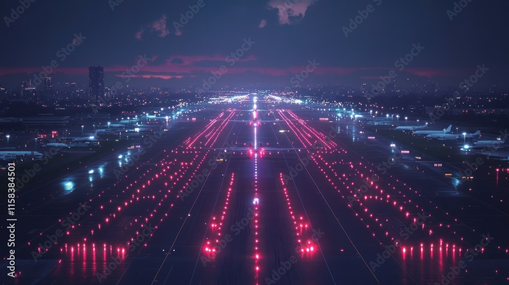 Fototapeta premium Night aerial view of illuminated airport runway with city skyline in background.