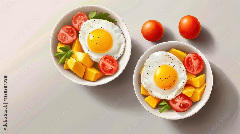 delicious and healthy breakfast with fried eggs, tomatoes, and mango salad in bowls on a grey background. delicious and healthy breakfast with fried eggs, tomatoes, and mango salad in bowls on a grey background.