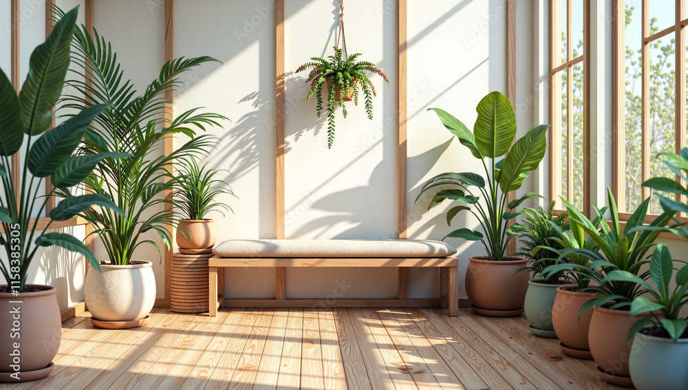 Fototapeta premium Bright and inviting indoor space filled with lush greenery and natural light, photorealistic of interior design concept.