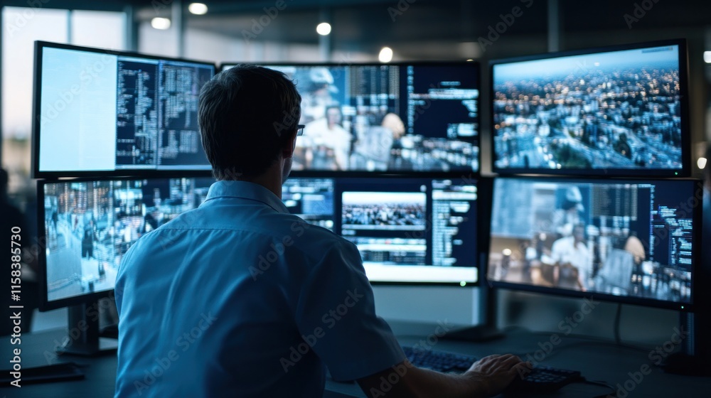 Security guard monitoring multiple screens displaying various surveillance footage. Security guard monitoring multiple screens displaying various surveillance footage.