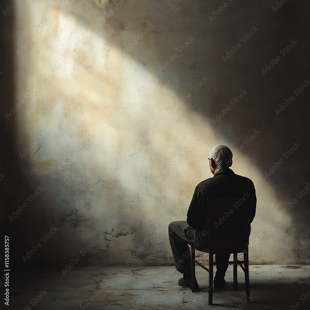 Solitary Man Sitting in a Chair in a Dimly Lit Atmospheric Room Solitary Man Sitting in a Chair in a Dimly Lit Atmospheric Room