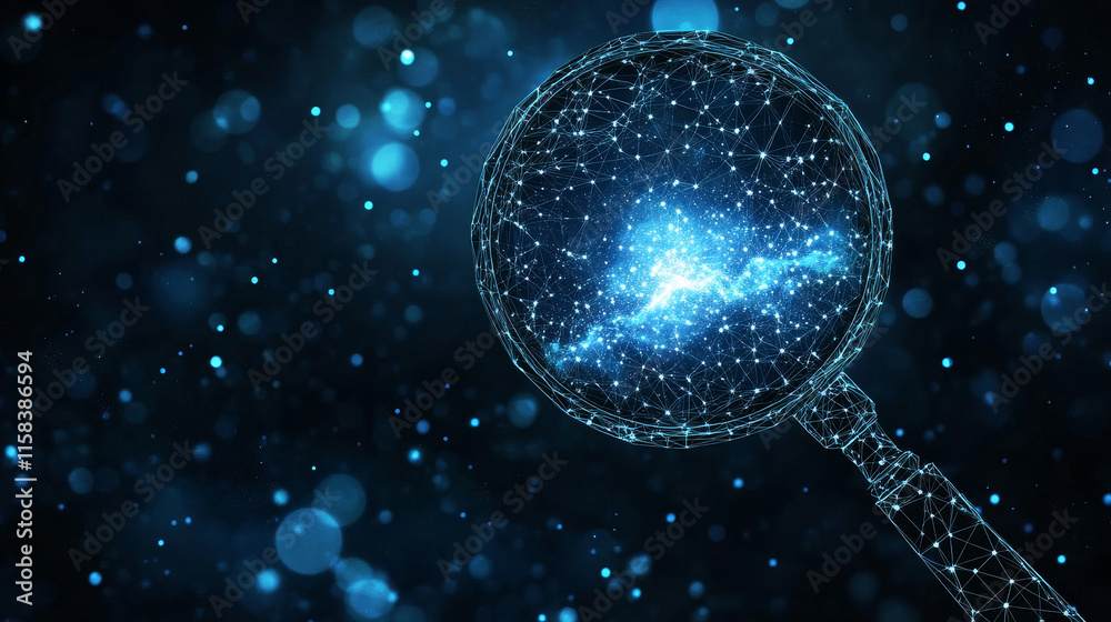 A magnifying glass in hand composed of polygons. Low poly vector illustration of a starry sky style. Analysis or Search symbol. Business, science or Internet technology concept. A magnifying glass in hand composed of polygons. Low poly vector illustration of a starry sky style. Analysis or Search symbol. Business, science or Internet technology concept.